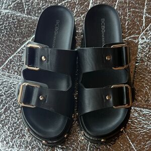BCBGeneration Black Double-Buckle Slide Sandals